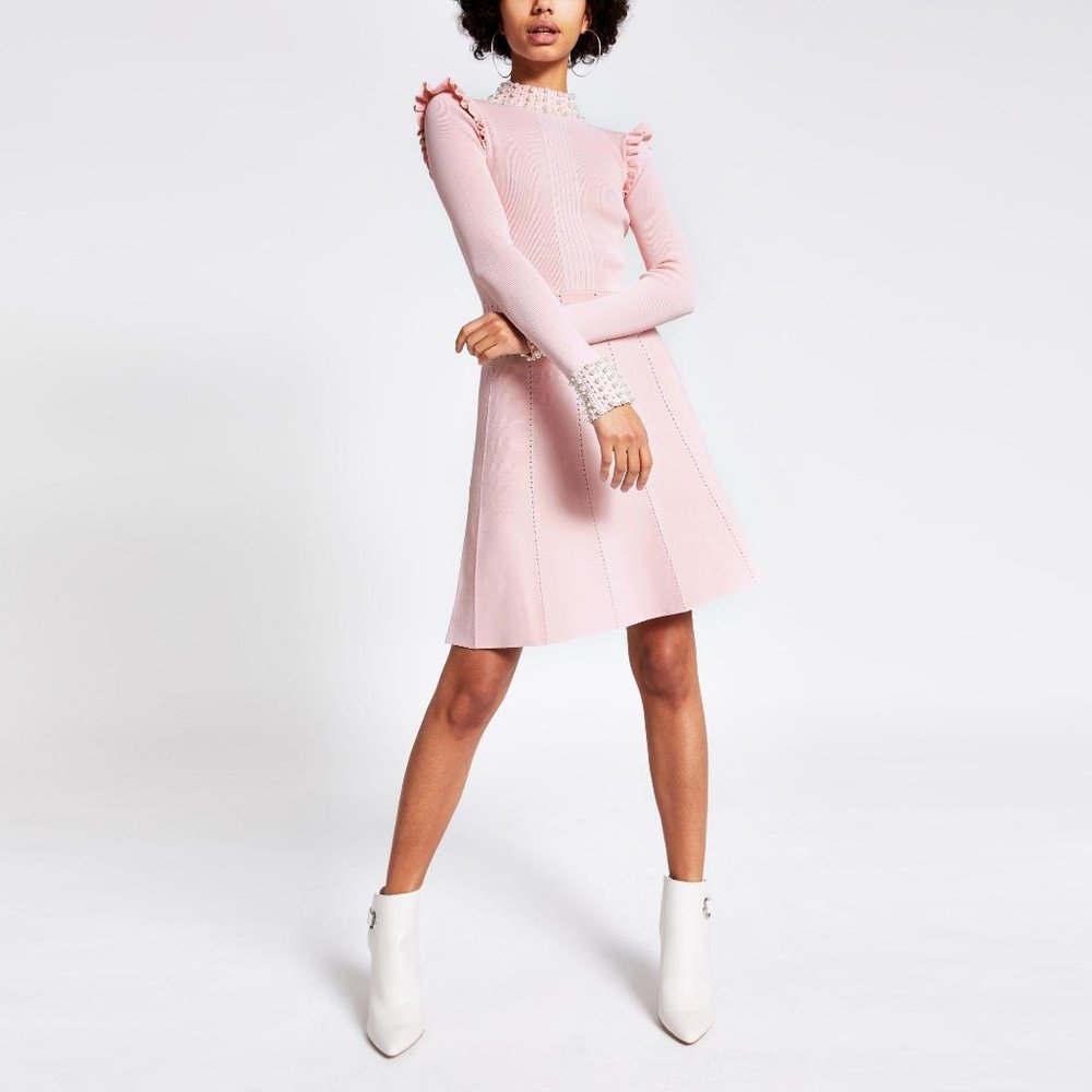 Pink Pearl Embellished Rib Knitted Dress